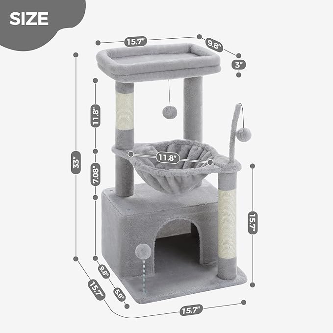 PEQULTI 4-in-1 Cat Tree, 33'' Cat Tower for Indoor Cats with Large Cat Condo, Scratching Post for Cats with Deep Hammock& Cozy Top Perch, Grey