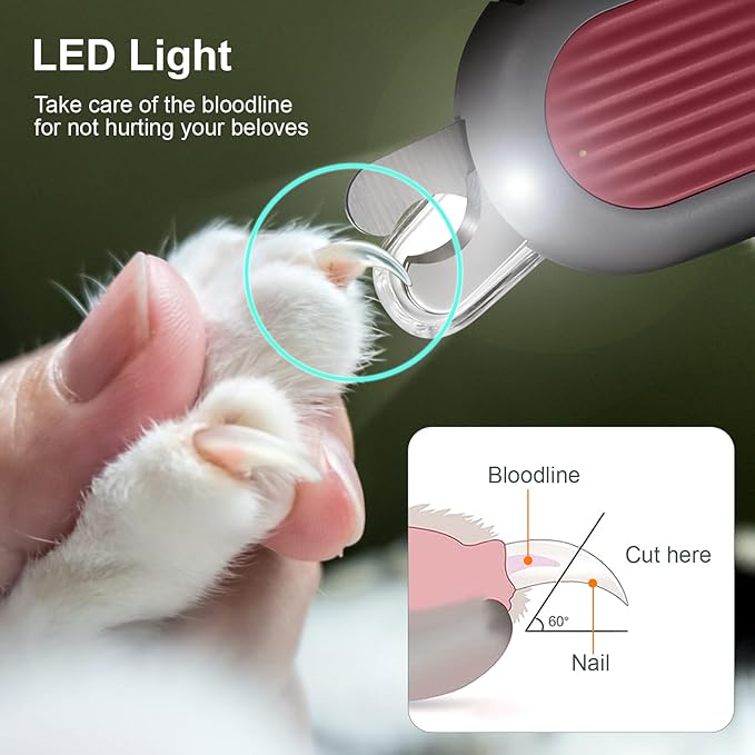 Odoland Cat Nail Clipper with LED Light and Nail File, Dog Claw Trimmer with Bright Light to Avoid Excessive Cutting - Pet Grooming Tool for Tiny Dog Cat Kitten Bunny Rabbit Pink