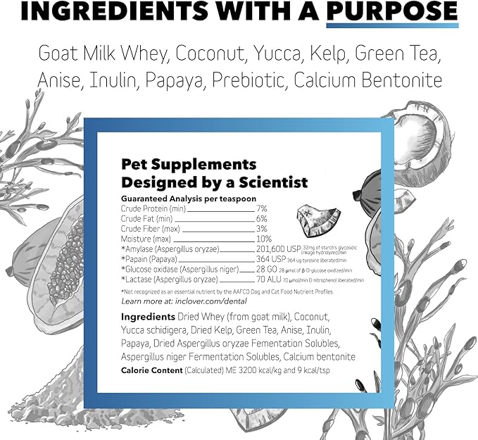 InClover Dog and Cat Dental Powder for Teeth Cleaning and Enamel and Gum Health, Natural Pet Supplement, Breath Freshener - Naturally Flush Away Tartar, No Brushing Necessary