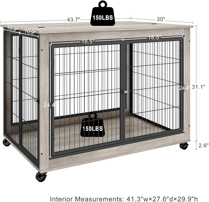 IchbinGo Dog Crate Furniture, Wooden Dog Crate Table, 43.7" Dog Kennel with 3 Doors, Flip-up Top Opening and Wheels, Decorative Pet Crate House for Large/Medium/Small Dog Indoor Use(Rustic Grey)