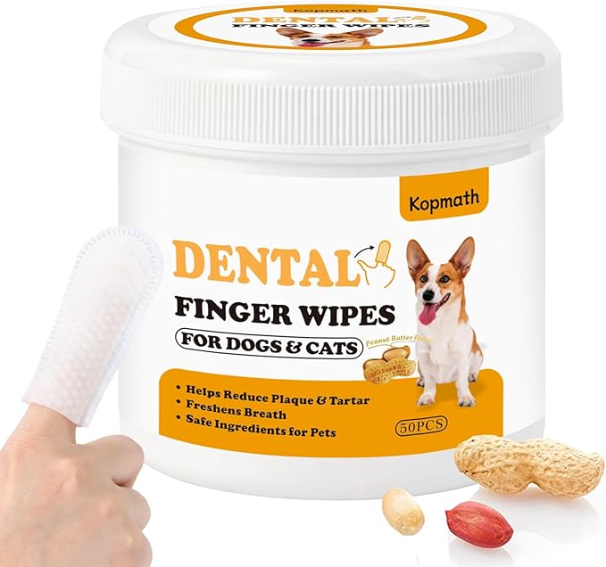 Dental Care Finger Wipes for Dogs & Cats, Reduces Plaque & Tartar Freshens Breath, Pre-Soaked Pet Teeth Wipes, Easy to Use Disposable Oral Cleaning Pads, Peanut Flavor