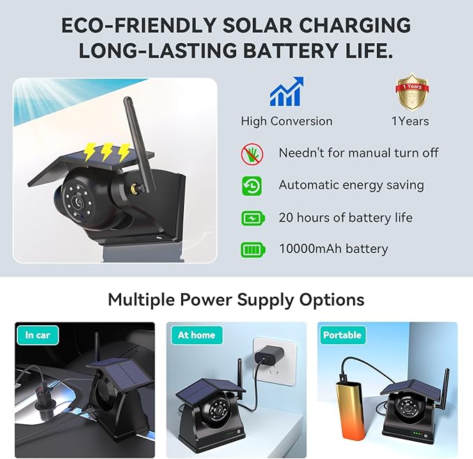 Magnetic Solar Wireless Backup Camera, 10000mAh Rechargeable Battery Powered Reversing Camera, 1-Min Easy Installation, App Control WiFi Backup Camera, for Trailer, RV, Truck, SUV, Van