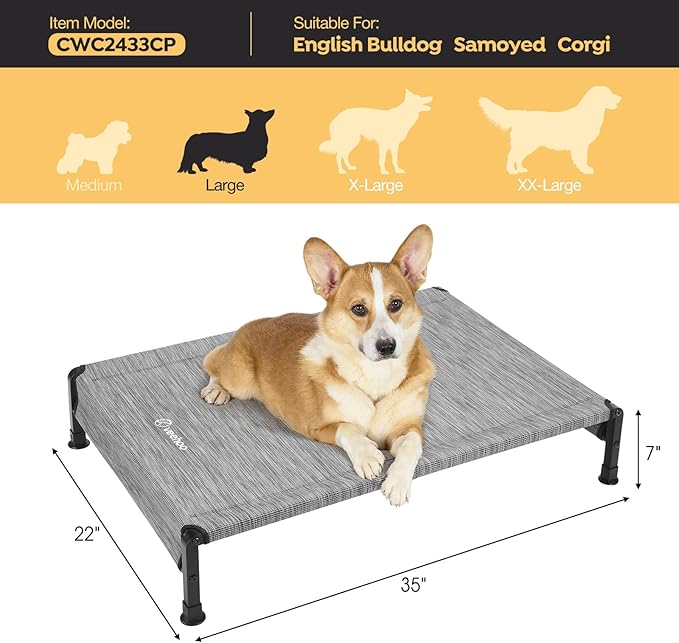 Veehoo Cooling Outdoor Dog Bed, Heavy Duty Elevated Pet Bed with Washable & Breathable Teslin Mesh, Non-Slip Silicon Feet, Dog Cot Bed with Support Hem, 35" x 22", Black Silver, CWC2433