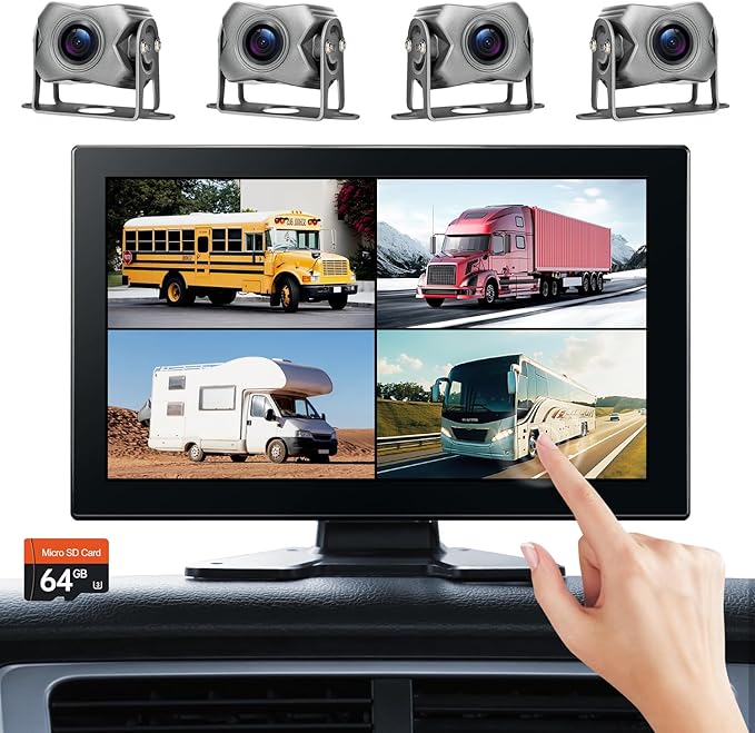 4-Channel 1080P Backup Camera for Truck/RV/Semi Trailer/Van/Cars 10.2inch Touch Monitor with DVR Recording/Playback/Bluetooth/FM Radio/Music/Video Player