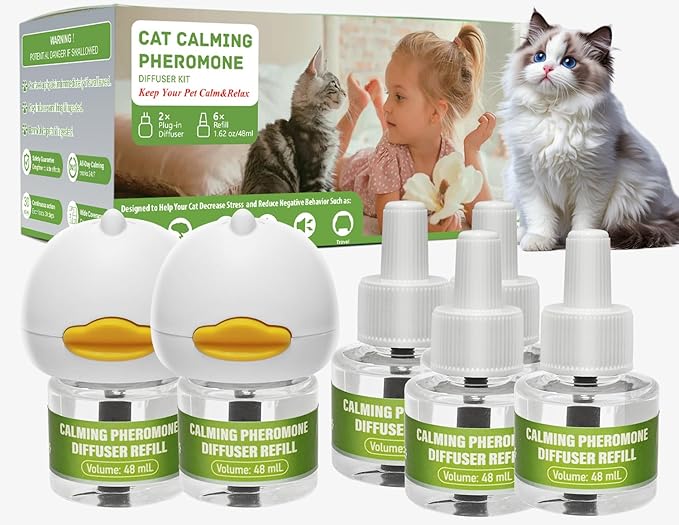 Calming Diffuser Kit for Cat, Cat Pheromone Calming Diffuser Starter Helps Ruduce Anxious, Anti-Stress & Comforts Cats (2 Diffuser + 6 Refills)