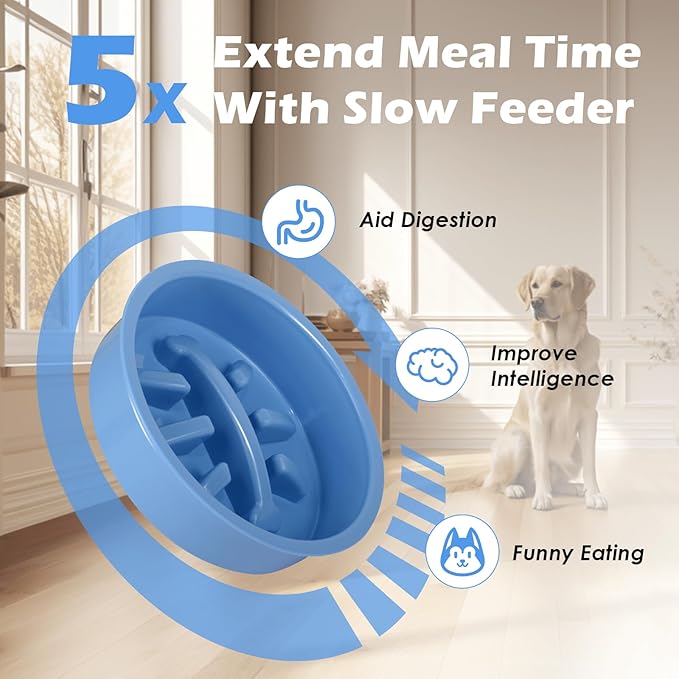 SHAINFUN Blue Raised Dog Bowl Stand with Two 1700ml Stainless Steel Food Bowl, a Slow Feeder and Spill Proof Mat, Adjustable Elevated Dog Bowls for Large Medium and Small Breeds
