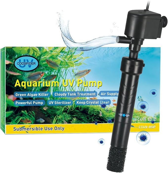 COOSPIDER Aquarium U-V Filter Green Clean Machine for 40-100 Gallon Fish Tank Crystal Clear 300GPH Submersible Water Pump Air Supply Wave Maker Green Killing