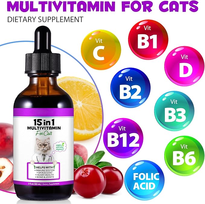 Cat Multivitamin, 15 in 1 Cat Vitamins Liquid Drops, Supports Immune Health, Promotes Joint, Skin and Coat Health, Cats Vitamin and Supplements with Glucosamine & Cranberry 2 fl oz