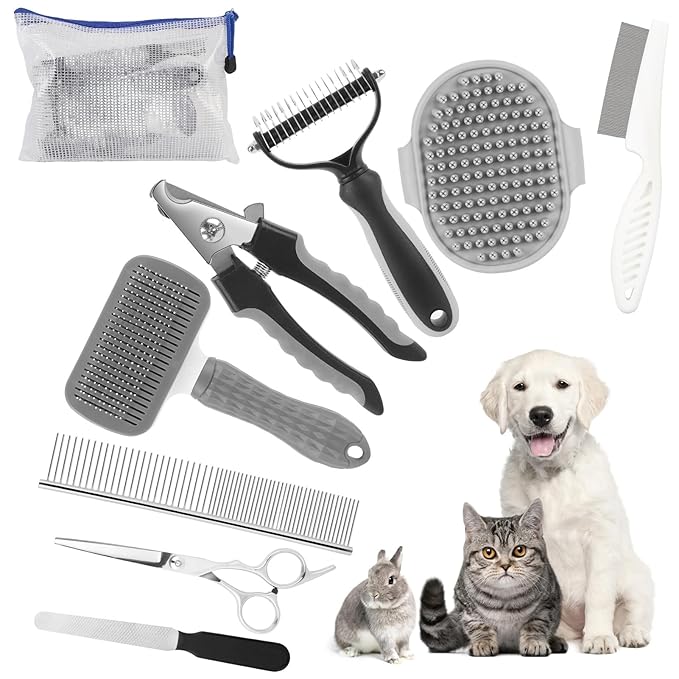 Cat Grooming Brush, 9PCS Dog Brush Kit with Pet Nail Clipper and File, Deshedding Brush for Cats, Cats Dog Shedding Brushs for Small Large Pets, Includes Flea Comb, Bath Brushs,Undercoat Rake (Grey)