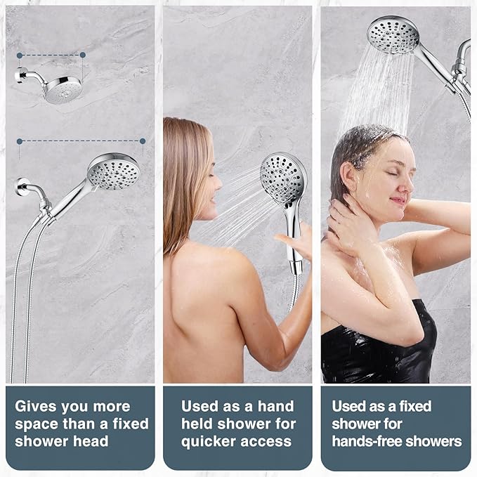 BRIGHT SHOWERS High Pressure Shower Head with Handheld, 9 Spray Settings Showerhead Built in Power Wash to Clean Tub and Pets, Extra Long 69" Hose, Adjustable Bracket, Chrome