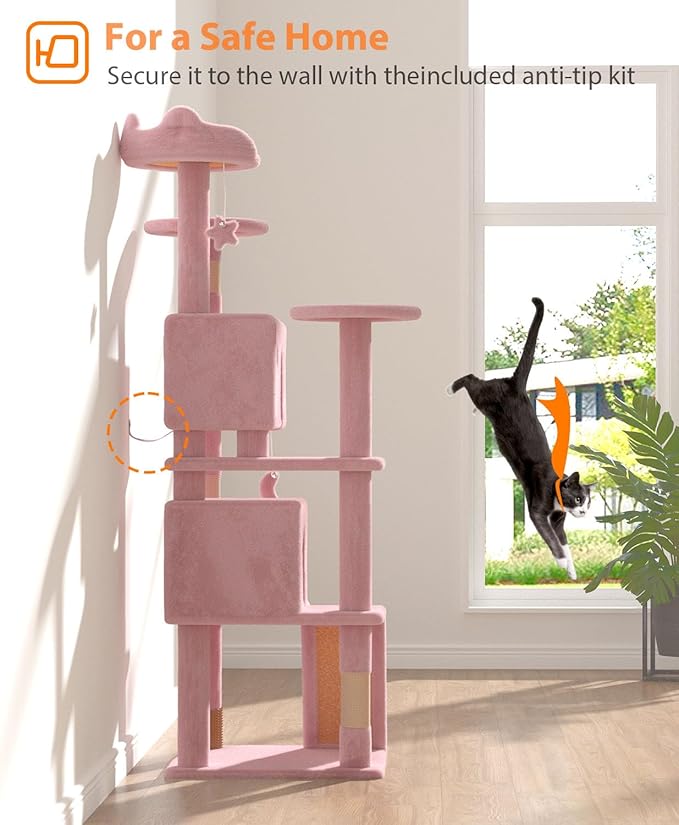 60'' Cat Tree Tower for Indoor Cats Large Adult,Cute/Tall Modern Cat Tree for Big Cats 20 lbs, Plush Multi-Level Cat Condo with Scratching Posts,Dangling for Fun Play (Soft Pink, 60 inch)