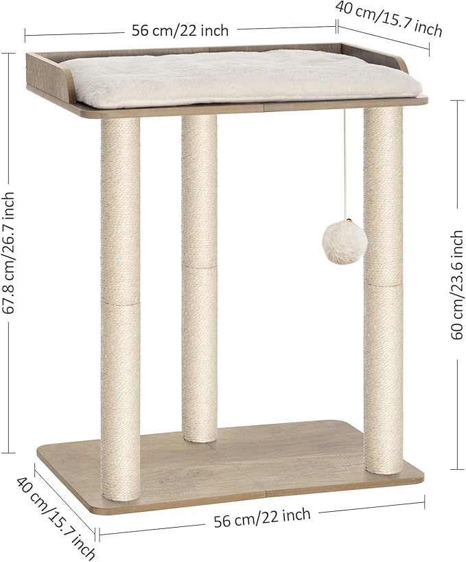 FourFurPets 26.7in Large Cat Tree Tower Condo, Cat Scratch Posts for Indoor Cats, Big Plate, Three 23.6in Full Sisal Scratching Posts, Greige