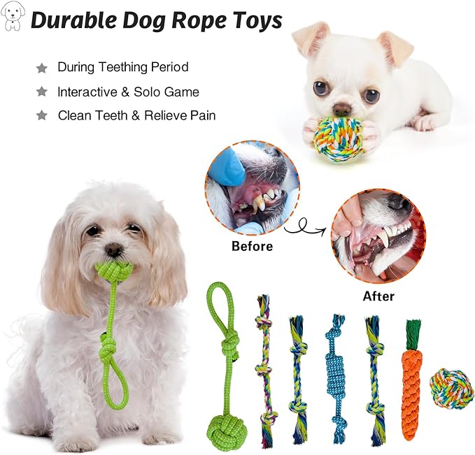 20Pcs Puppy Chew Toys for Teething, Dog Chew Rope Toys, Pet Dog Toothbrush, Treat Balls, Plush Squeaky Toy for Small Medium Dogs with Basket