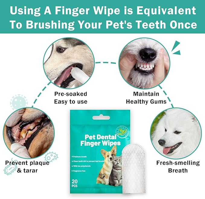 Portable Dog Teeth Dental Finger Wipes for Dogs & Cats No-Rinse Dog Finger Toothbrush Dog Plaque & Tartar Prevention with Brushing Beads Dog Breath Freshene 20pcs