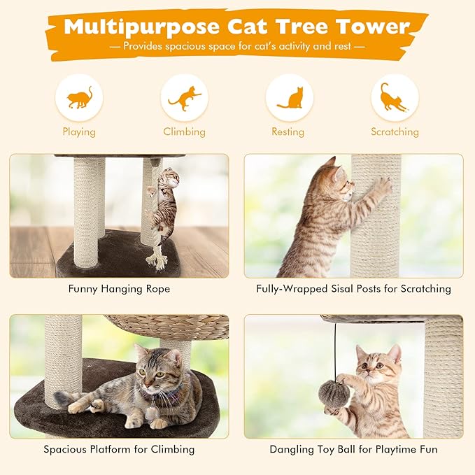 Tangkula Modern Cat Tree for Indoor Cats, Small/Tall Cat Tower with Natural Sisal Scratching Post, Hand-Made Wicker Cat Condo & Top Perch, Funny Hanging Toy Ball, Cute Cat Tree Tower for Large Cats
