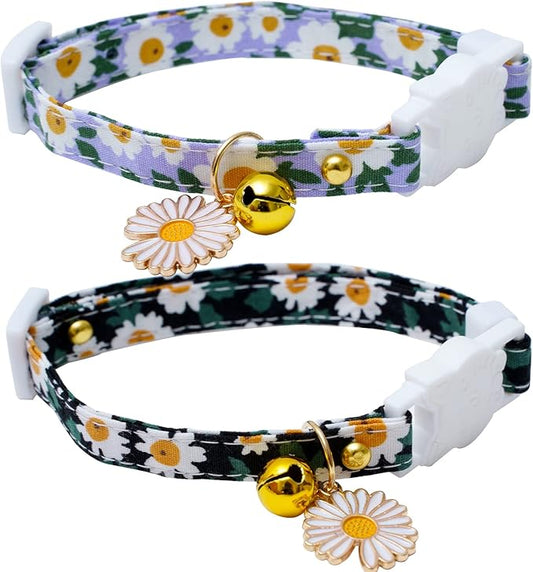 2 Pack Cotton Breakaway Cat Collars with Bell Daisy Pendant Kitty Kitten Collars Black Blue Collar for Female Girl Cats Male Boy Cats