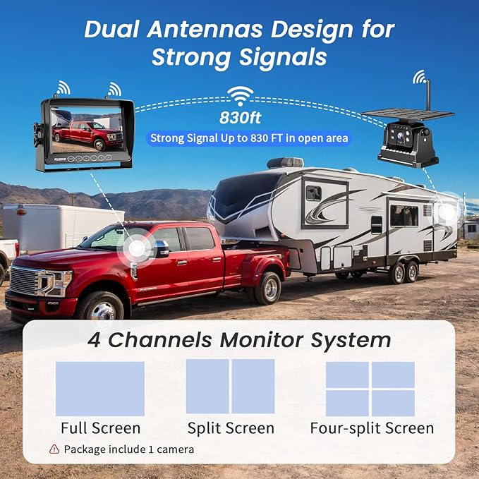 Magnetic Solar Wireless Backup Camera for RV Truck Trailer – 7" 1080P Monitor with Recording, 1-Min Install, No Delay, Wide View, IR Night Vision, 4 Channels, Auto-Sleep Rechargeable Rearview Camera