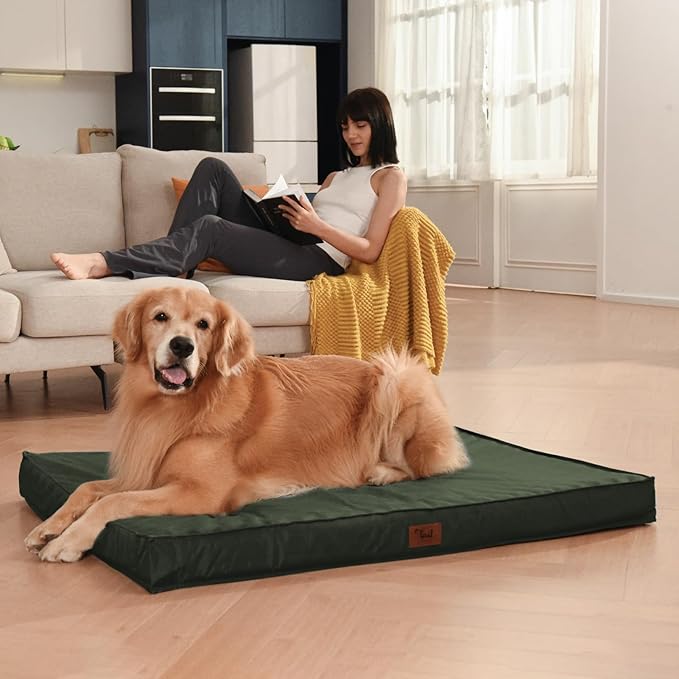 Outdoor Extra Large Dog Bed, Jumbo Waterproof Dog Bed for Large Dogs, Orthopedic Egg Foam Pet Bed Mat with Removable Oxford Cooling Cover, Dark Green