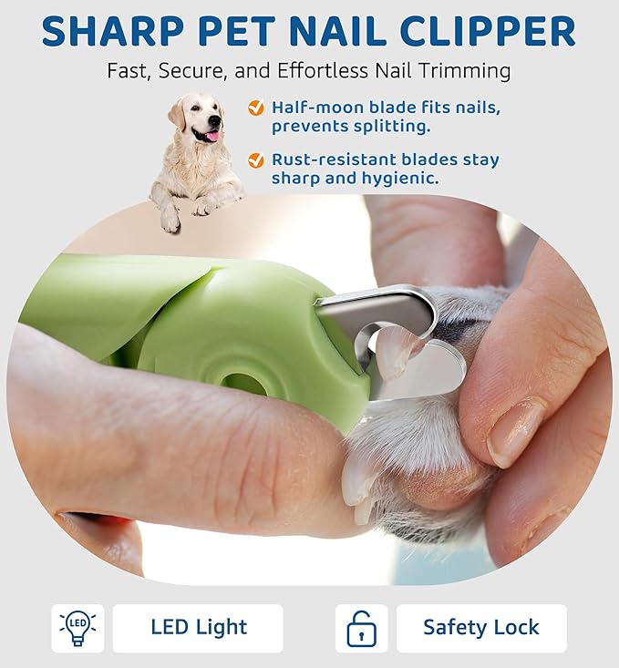 Pet Nail Clipper with Light for Cats & Small Dogs Puppies, Ultra Bright LED to Illuminate Nail Bloodline to Avoid Over Cutting, Extra-Sharp and Durable Cat Claw Trimmer with Nail File (Green)