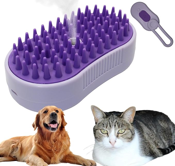 Cat Steam Brush, Helps Reduce Cat Hair, Easy Cleaning Top, Steam Brush with Silicone Massage Bristles for Cats or Dogs, Best for Long-haired Cats or Dogs (Purple)