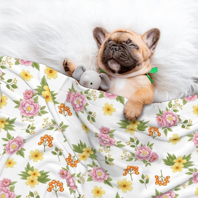 Double Sided Plush Pet Blanket with Cozy Dot Texture and Smooth Reverse, Colorful Rowan Berries Blossoming Spring Poppies Pattern, Reversible Throw for Dogs Cats on Couches Beds Crates