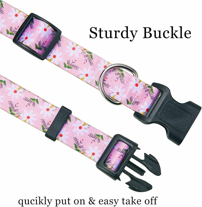 Dog Collar with Bohemia Floral Tribal Geometric Patterns - Soft Ethnic Style Collar Adjustable for Small Medium Large Dogs (Pink White Flower,M)