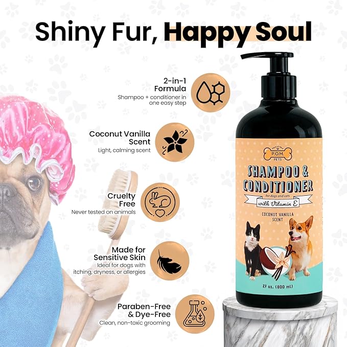 POM Pets 2-in-1 Organic Dog Shampoo & Conditioner – Itchy Skin Relief, Dog Deshedding, Detangles Fur, Cat Shampoo, Paw Cleaner for Dogs, Natural Coat Defense Formula