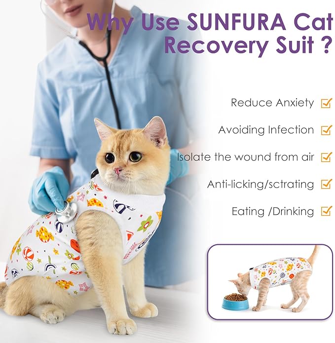 SUNFURA Cat Recovery Suit, Kitten Surgical Full Bodysuit for Abdominal Wound Protector Anti Licking After Surgery, Professional Bandages Cone E-Collar Alternative for Small Male & Female Pets