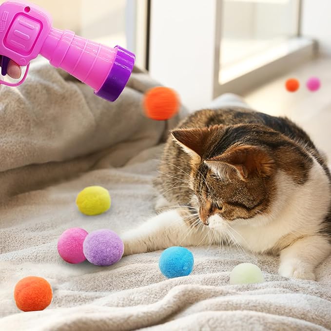 Andiker Plush Pom Pom Balls Set - Interactive Cat Toy (30pcs - Pink: 100balls, Launcher Set)