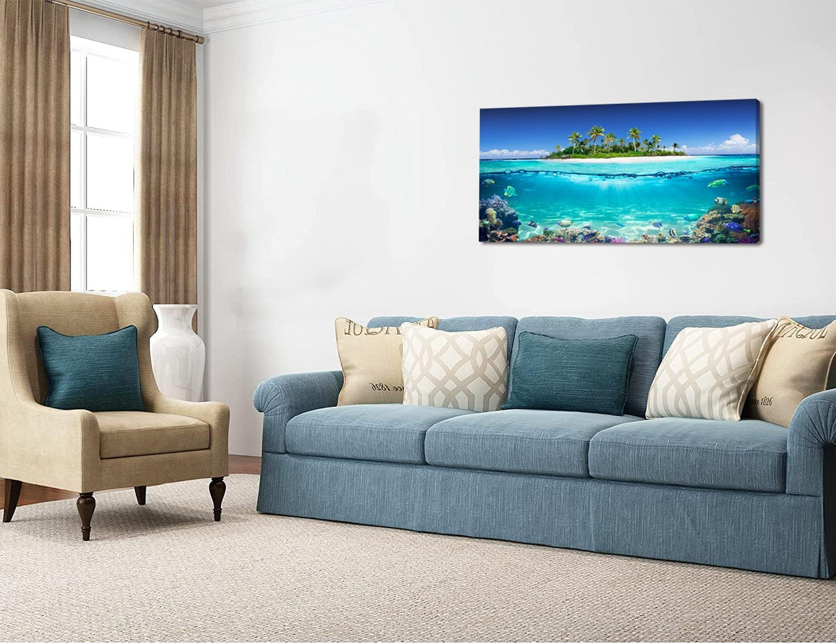 Tropical Island Coral Reef Landscape Canvas Wall Art for Living Room,Unique View Split Waterline Scenery,Beautiful Nature Summer Travel Scenic Picture Print Artwork Painting Decor,Inner Frame 24x48