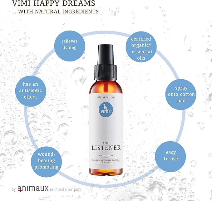 animaux vimi Ear Cleaner Good Listener - Ear Cleaner Spray for Sensitive Dog Ears - Ear Care with Camomile, Calendula & Witch Hazel - for Thorough & mild Cleaning - 3.38 Fl Oz