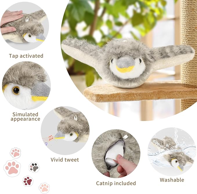 Cat Toys, Flapping Bird Cat Toy(No Flying), Interactive Catnip Toy with Springs & Catnip Bags, Chirping Noise Rechargeable Moving Wings Dog Cat Kitten Toys, Flappy Flying Pets Toy for Indoor