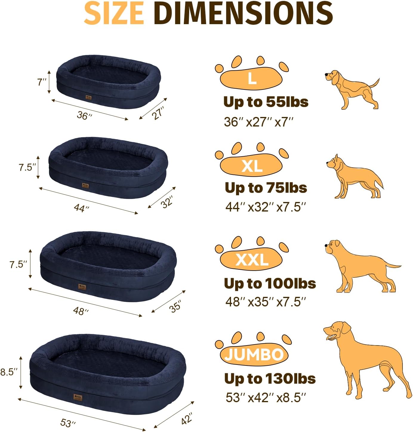Orthopedic Waterproof Large Dog Bed: Memory Foam Washable Dog Bed with Bolsters - XL Removable Washable Cover for Medium Large Sized Pet - Non-Slip Bottom - Navy