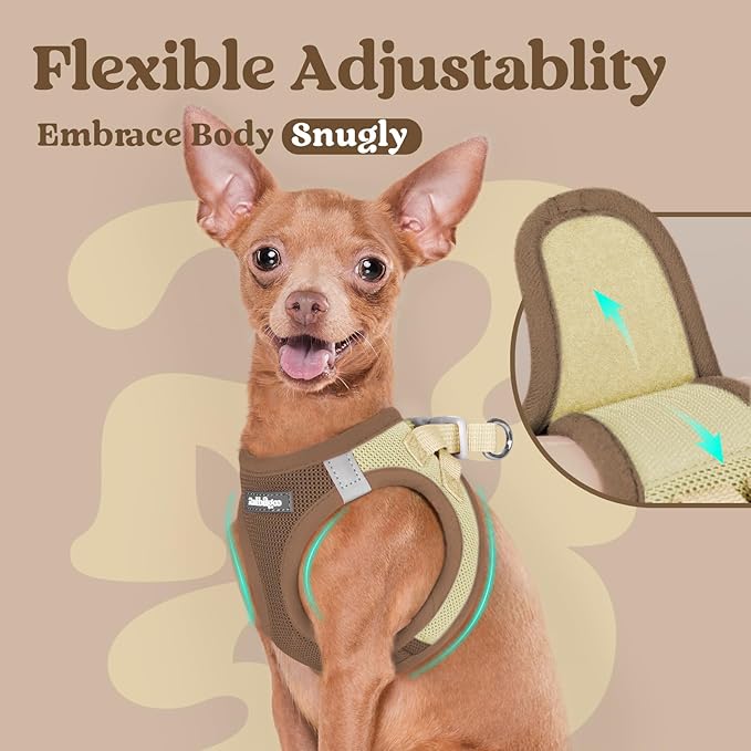 rabbitgoo Small Dog Harness, Step-in Soft Mesh Puppy Vest with Safety Buckle, Breathable Reflective Pet Harness for Small Medium Dogs, Brown & Beige L