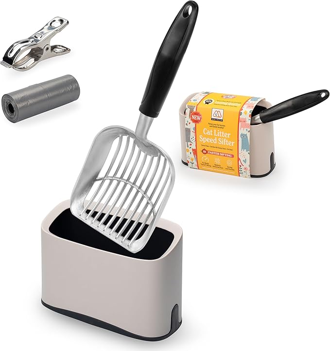Heavy Duty Full Metal Cat Litter Scoop with Holder - Speed Sifter Litter Box Scooper Captures All Clumps - Kitty Litter Sifting Shovel Comfy Handle - Cat Scooper Includes Litter Bags & Non-Slide Clip