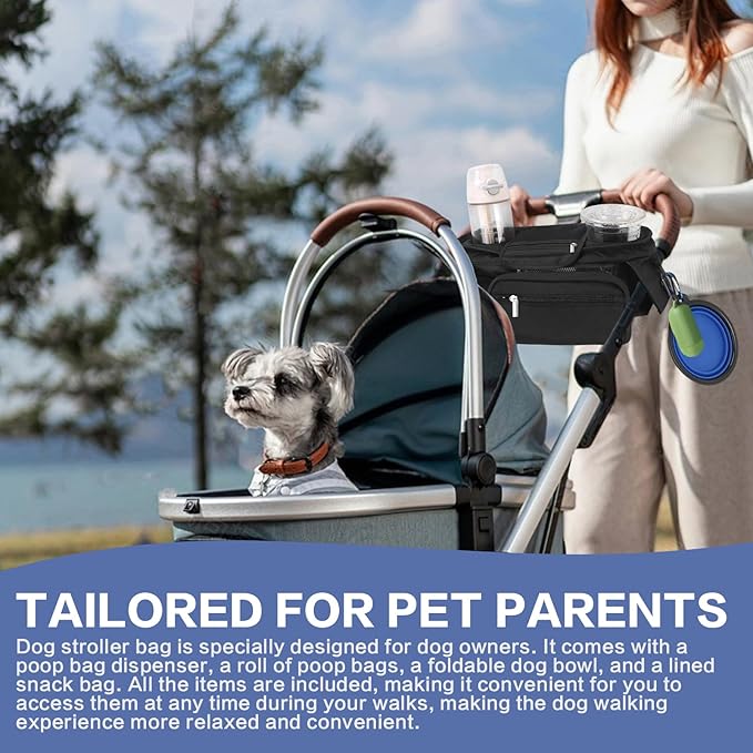 Dog Stroller Bag with Shoulder Strap, Universal Dog Stroller Caddy Organizer with Poop Bag Dispenser, Water Bowl, Insulated Cup Holders and Treat Pocket