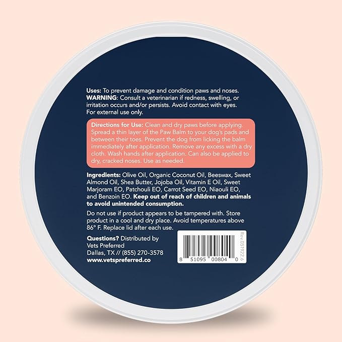 Vets Preferred Paw Balm Pad Protector for Dogs – Dog Paw Balm Soother – Heals, Repairs and Moisturizes Dry Noses and Paws – Ideal for Extreme Weather Season Conditions - 2 Oz