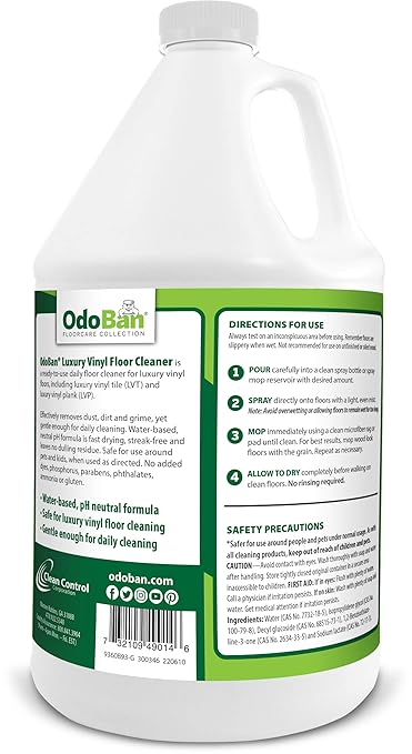 OdoBan Ready-to-Use Luxury Vinyl Floor Cleaner, Streak Free and Neutral PH Formula, Made in the USA, Scentless, 1 Gallon