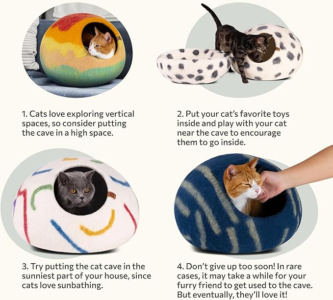 MEOWFIA Cat Cave – Premium Felt Cat Bed for Indoor Cats, Handmade 100% Merino Wool (Large, Shining Tiger)