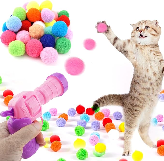 31Pcs Cat Ball Toy Launcher, 30Pcs Plush Fuzzy Balls, Cat Fetch Toy Gun Shooter for Indoor Kittens