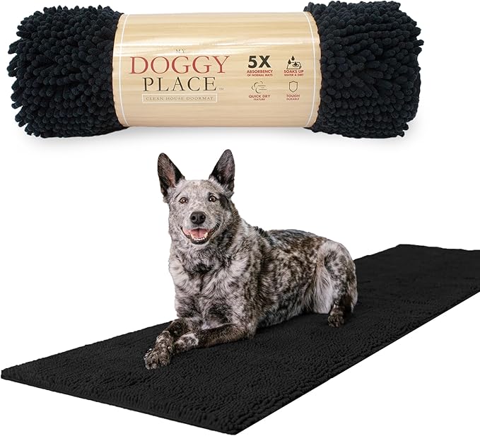 My Doggy Place Microfiber Dog Mat for Muddy Paws, 8' x 2' Black - Non-Slip, Absorbent and Quick-Drying Dog Paw Cleaning Mat, Washer and Dryer Safe - Hallway Runner