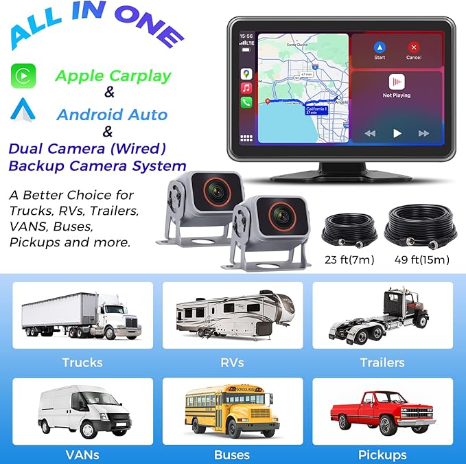 HD1080P Wired Backup Camera System with Apple Carplay & Android Auto,10'' Touch Screen Monitor, 2 Rearview Reverse Cameras, Night Vision, IP68-rated Backup Camera for Trucks, RVs, Trailers