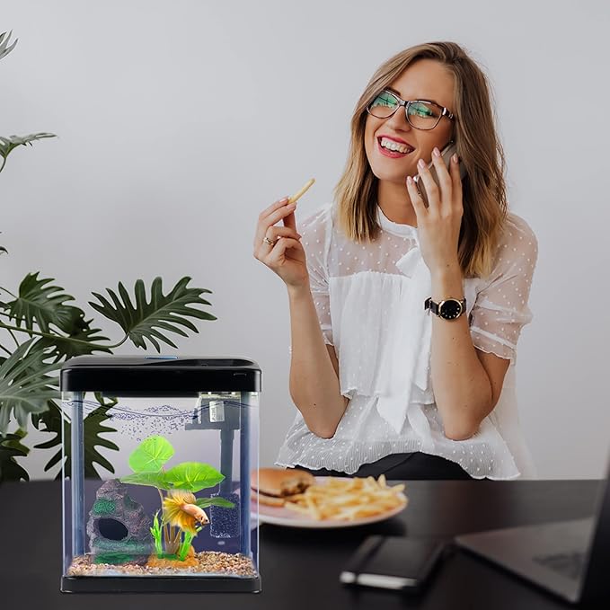 Betta Fish Tank Self Cleaning Glass 2 Gallon Small Nano Aquarium Starter Kits Desktop Room Decor w/LED Light Decorations & Whisper Filters Water Pump (Fish Tank)
