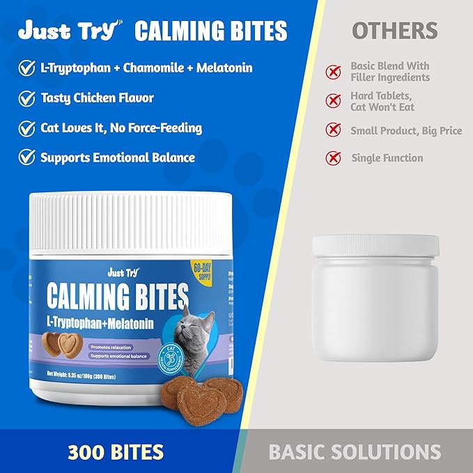 Just Try 300 Bites Calming Cat Treats for Relaxation - with Chamomile, L-Tryptophan, Melatonin for Cats– Chicken Flavor Calming Bites for Cats 6.35 oz