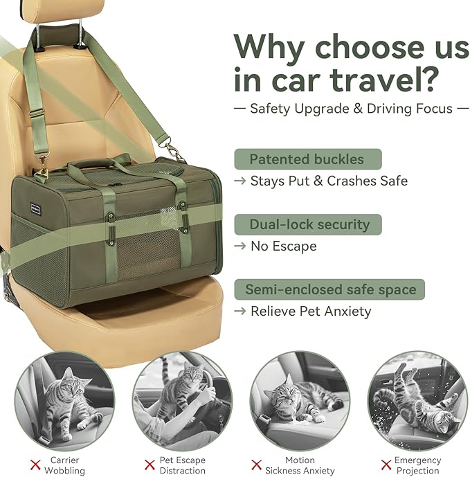 Petsfit 19x12x12 Pet Carrier for Large Cats (up to 20 lbs), Soft-Sided Small Dog Travel Carrier, Upgraded with Patented Buckle and Soft Padding, Ideal for Car Road Trips Green