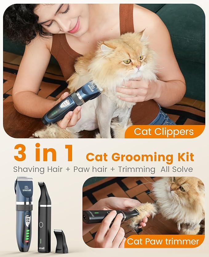 oneisall Cat Clippers and Paw Trimmer 3 in 1 Cat Grooming Kit,Cat Clippers for Matted Hair,Cordless Kitty Shaver for Matted Long Hair,2 Speed Pet Clippers