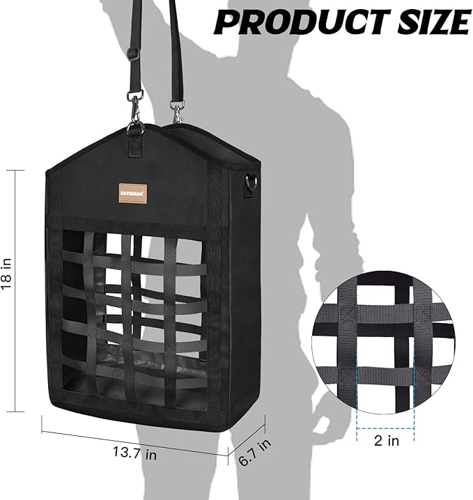 Innovative Hay Bags for Horses, Goat Hay Feeder with Reinforced Oxford Fabric and High Strength Metal Clasp,Horse Feeding Supplies with Adjustable Strap for Easy Hanging (2 Black+1 Purple)