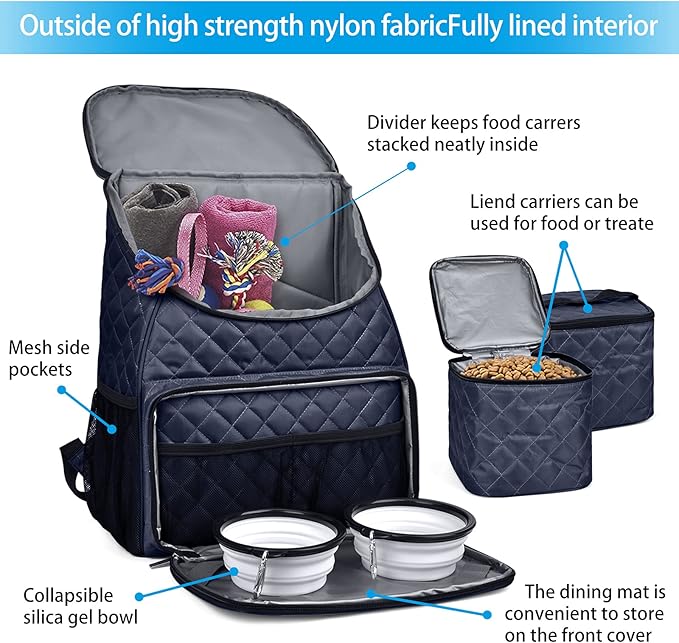 BAGLHER Dog Travel Bag,Airline Approved Pet Supplies Backpack, Dog Travel Backpack with 2 Silicone Collapsible Bowls and 2 Food Baskets.