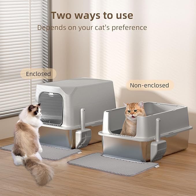 Stainless Steel Cat Litter Box with Lid, Extra Large, Great for Large & Small Cats, Easy to Clean, Anti-Leakage, Non-Sticky, Multifunctional 2 in-1 Metal Cat Litter Box - Light Gray