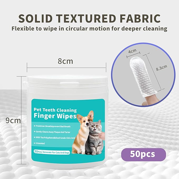 YUHUF-Teeth Cleaning Finger Wipes for Dogs & Cats, Pet Dental Care by Reducing Plaque and Tartar Remove Bad Breath, Disposable Gentle Gum Care Pet Wipes, 50 PCS